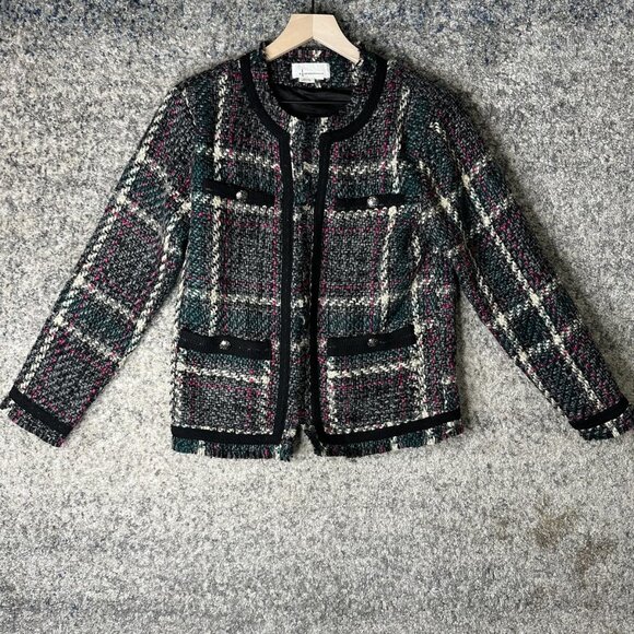 Anthropologie Jackets & Blazers - Anthropologie Jacket Womens Medium Gray Plaid Tweed Fringe Open Front Classic